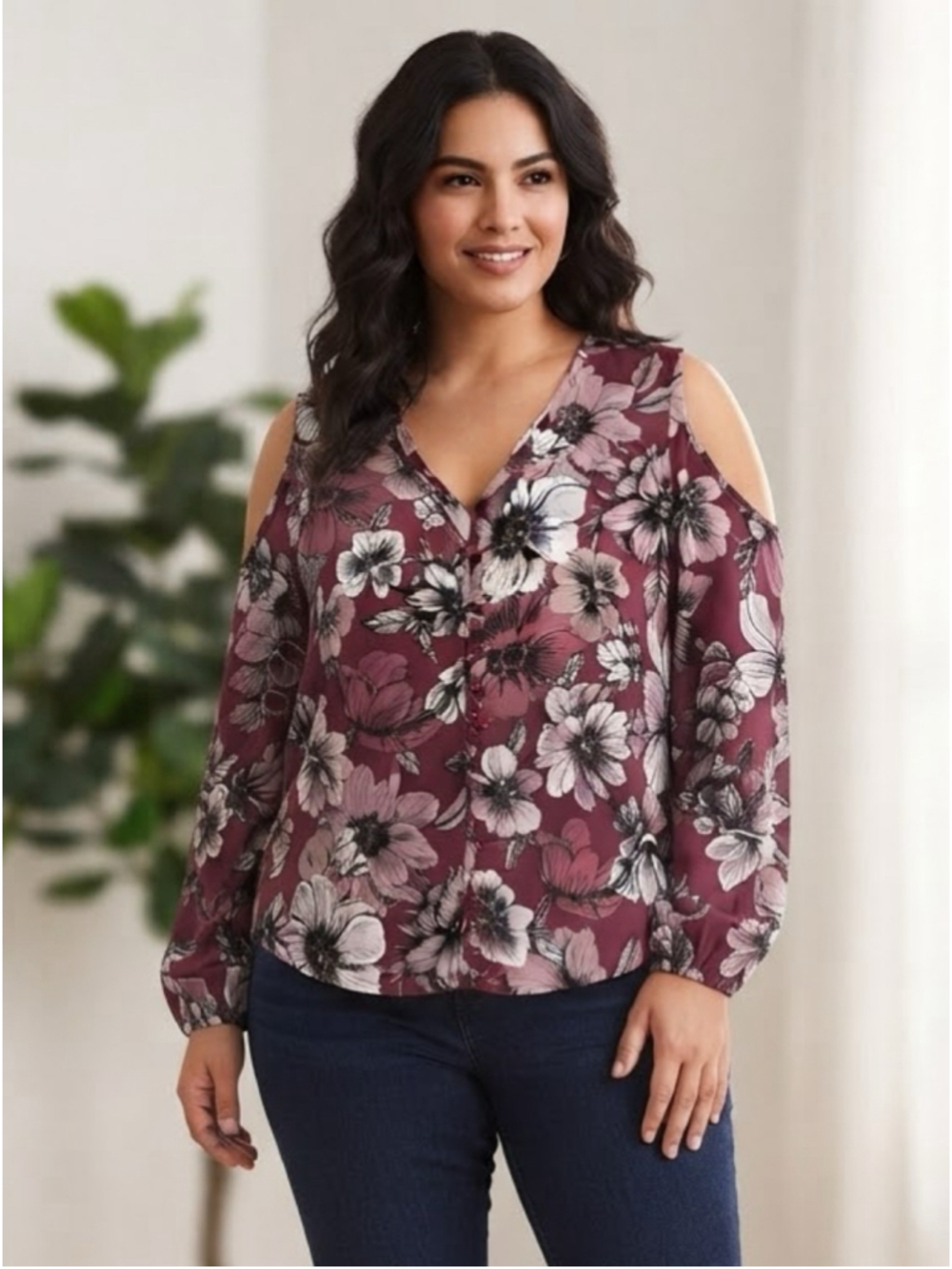 Women's Charlotte Russe Floral Cold Shoulder Blouse Burgundy White Size L Large